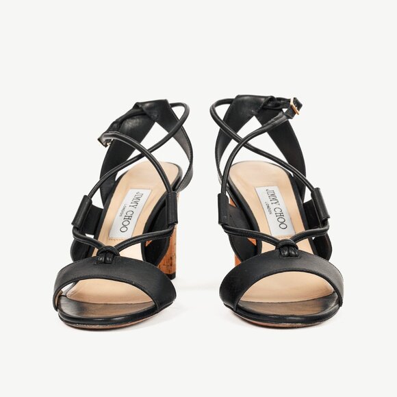 Jimmy Choo Margo Black Leather Crisscross Cork-Heel Sandals - Picture 2 of 9
